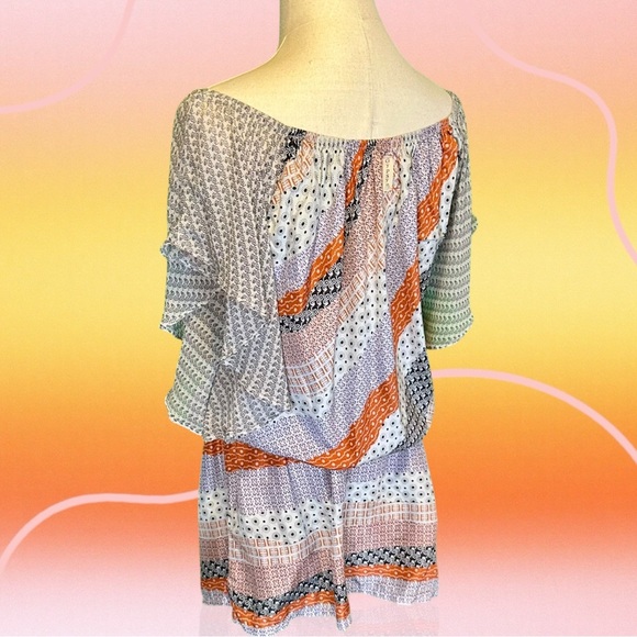 Gypsy 05 Gray & Orange Multi Bandana Print Striped Boho Silk Mini Dress Size M - Picture 6 of 12